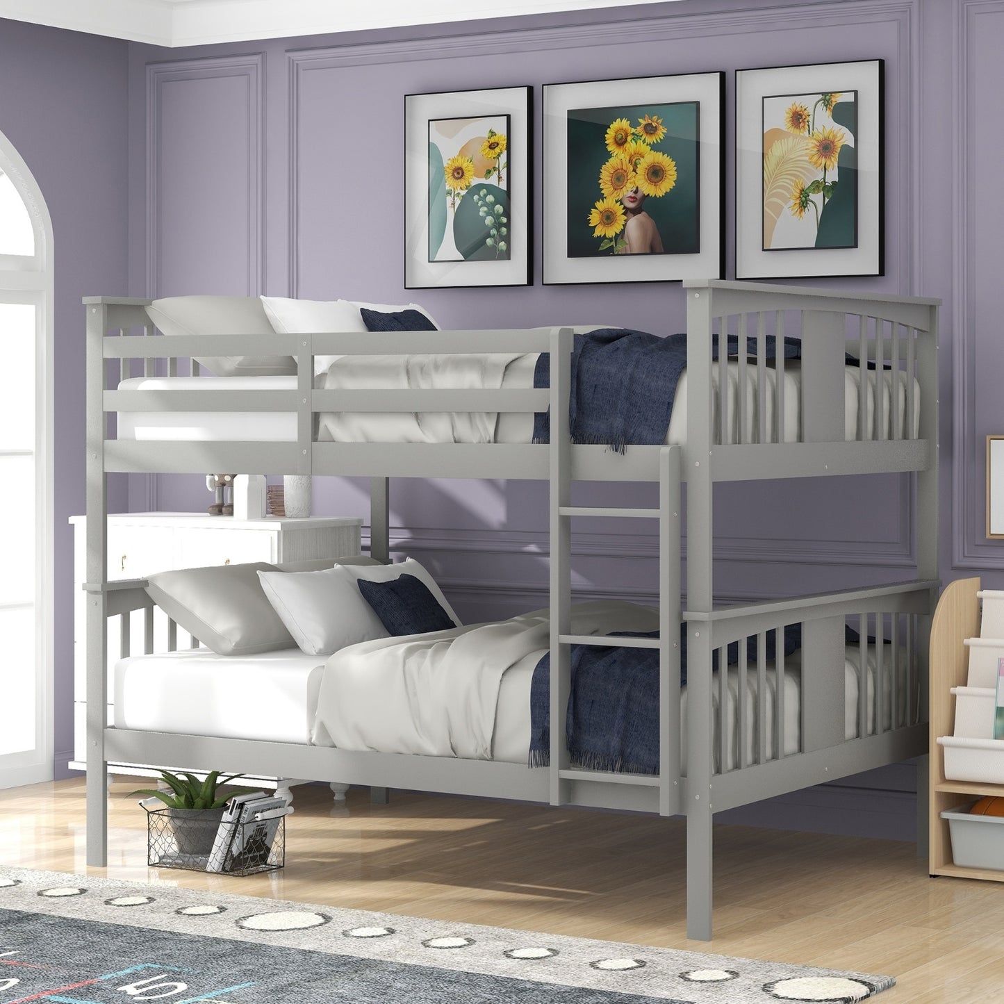 Full Over Full Bunk Bed With Ladder For Bedroom, Guest Room-Gray