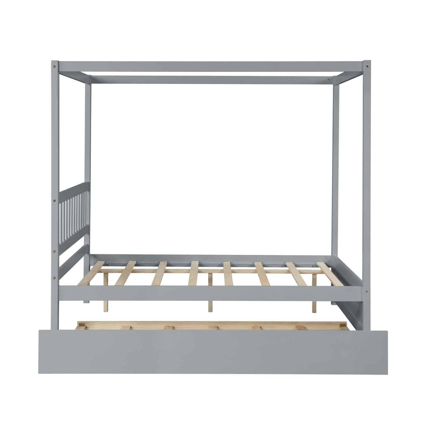 Full Size Canopy Bed With Twin Trundle, Kids Solid Wood Platform Bed Frame With Headboard, No Box Spring Needed Grey Color