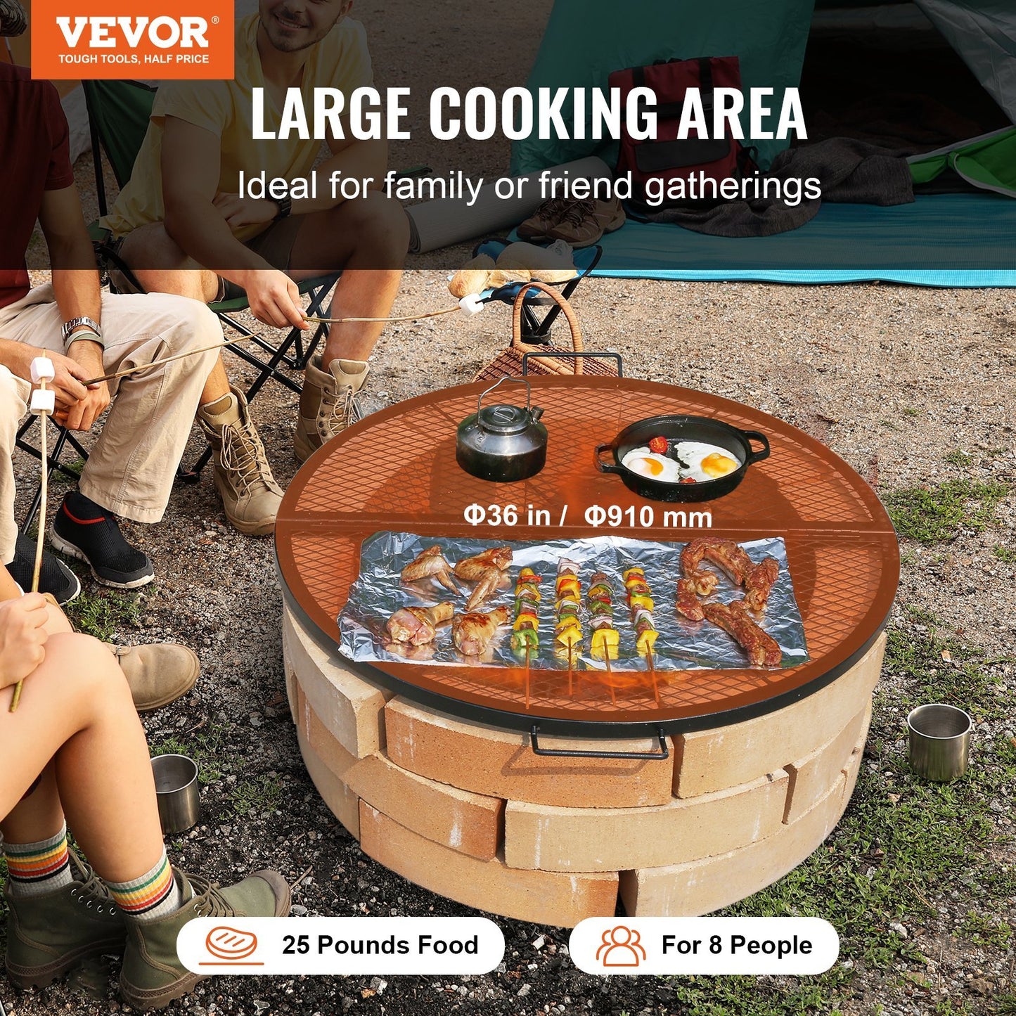 VEVOR X-Marks Fire Pit Grill Grate, Foldable Round Cooking Grate, Heavy Duty Steel Campfire BBQ Grill Grid With Handle And Support X Wire, Portable Camping Cookware For Outside Party, 36 Inch Black