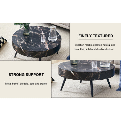 31.5 Black Marble-Patterned MDF Round Coffee Table With Black Metal Legs.Adjustable Feet,Coffee Table,Round Table Design,MDF Material,Black Marble Pattern.