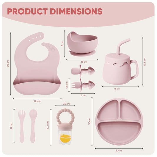 Silicone Baby Feeding Set With Suction, 10 Pcs Baby Led Weaning Supplies With Suction Bowl Divided Plate Adjustable Soft Bib Spoon Fork Snack Cup With Lid And Other Utensils, Sakaura Pink