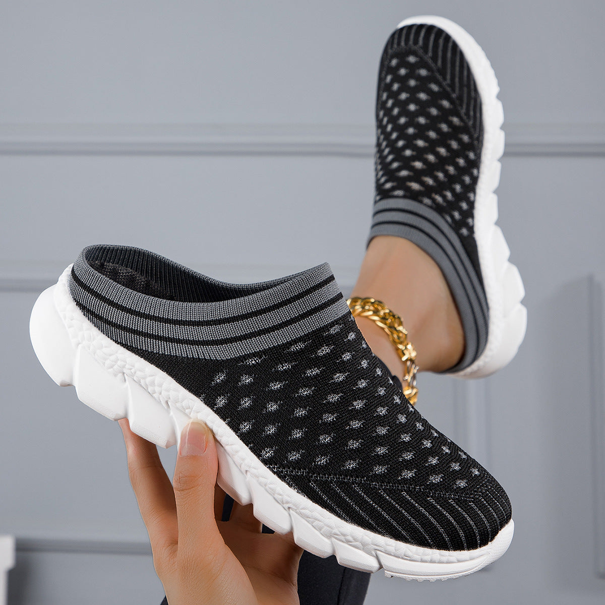Breathable Flyknit Socks Semi Slipper Women's Shoes Lightweight Casual