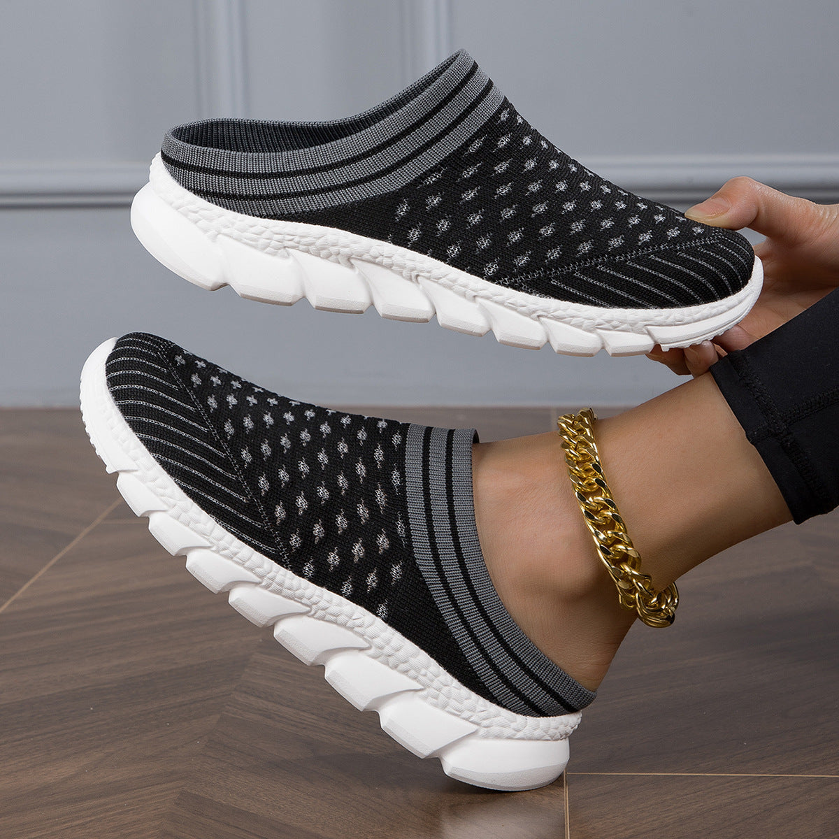 Breathable Flyknit Socks Semi Slipper Women's Shoes Lightweight Casual