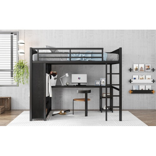Full XL Size Loft Bed Frame With Built-in Wardrobe, Metal Loft Bed With Desk And Storage Shelves, Black
