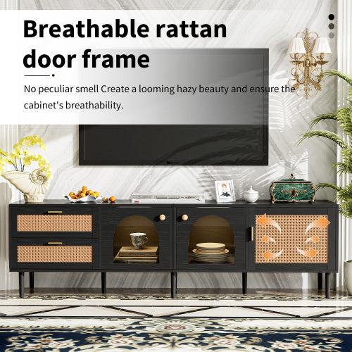 Rattan TV Stand With 3 Cabinets & 2 Drawers, Rattan-inspired Media Console Table For TVs Up To 80'', LED Light Entertainment Center, TV Cabinet For Living Room, Bedroom, Home Theatre