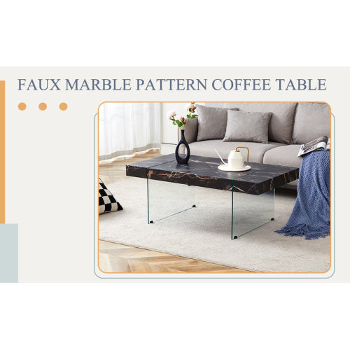 43.3x23.6 Black Marble-Patterned MDF Coffee Table With Tempered Glass Legs.Suitable For Living Room.It Can Be Used Not Only As A Coffee Table But Also As A Side Table Or Display Stand.