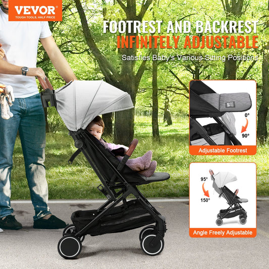 VEVOR Standard Baby Infant Stroller, Toddler Stroller Adjustable Backrest Adjustable Footrest & One-click Folding, Newborn Stroller With Cup Holder And Carry Bag, Light Grey