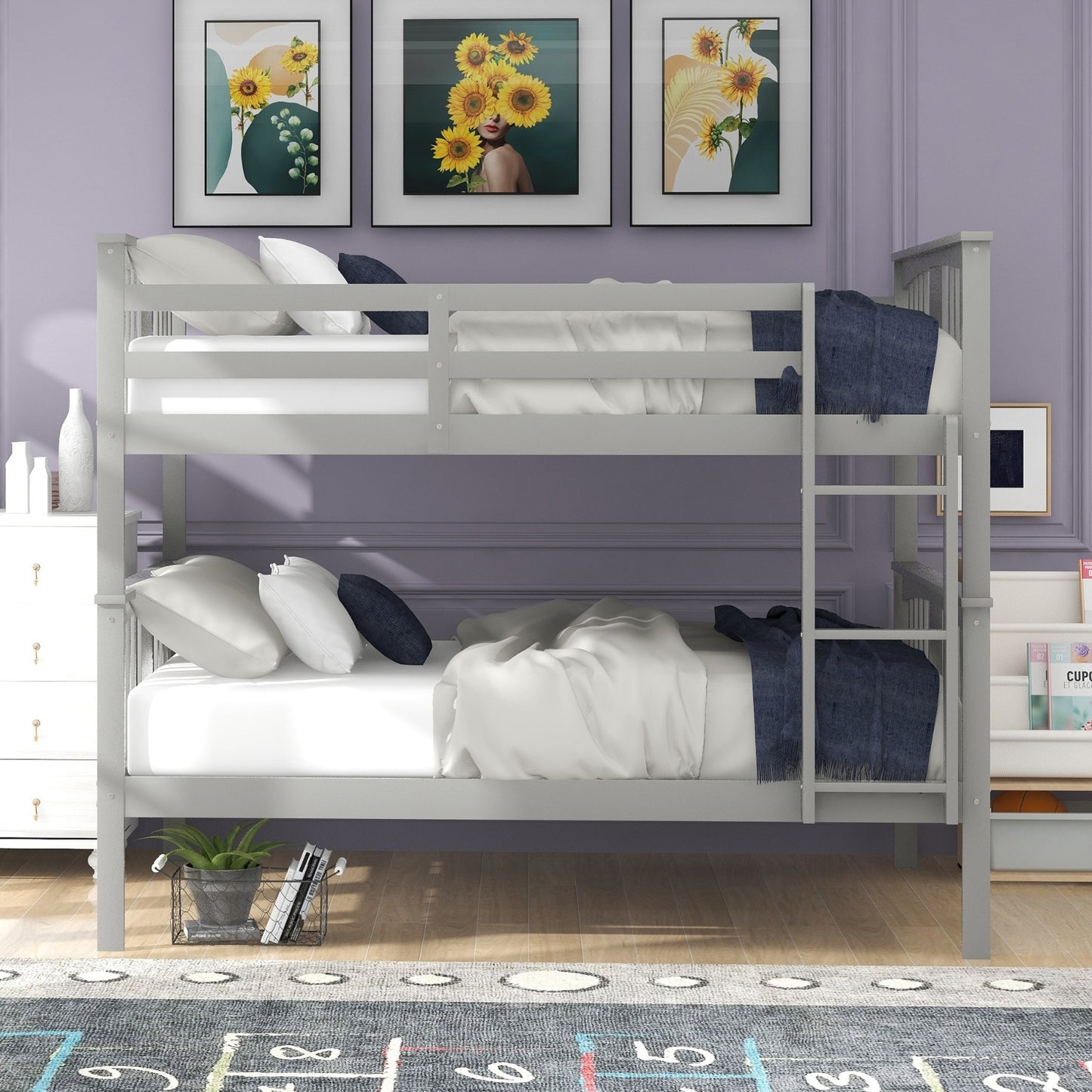 Full Over Full Bunk Bed With Ladder For Bedroom, Guest Room-Gray