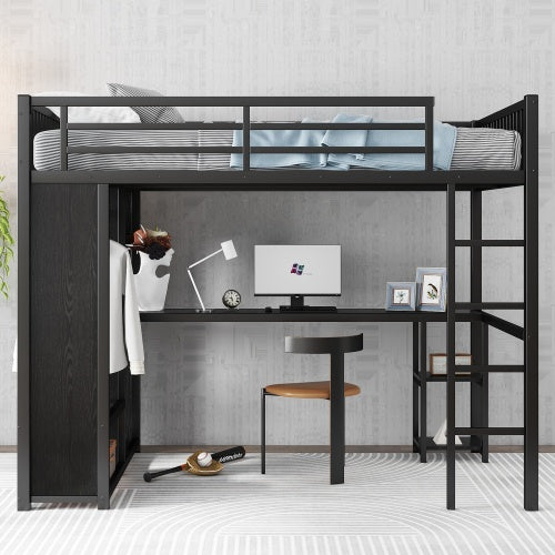 Full XL Size Loft Bed Frame With Built-in Wardrobe, Metal Loft Bed With Desk And Storage Shelves, Black