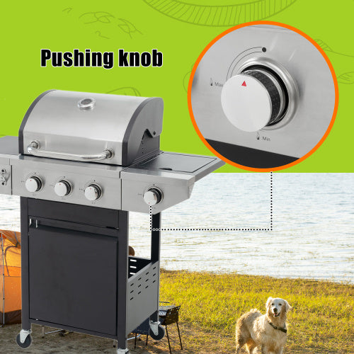 Propane Grill 3 Burner Barbecue Grill Stainless Steel Gas Grill With Side Burner, 37,000 BTU Outdoor Cooking, Patio, Garden Barbecue Grill, Black And Silver