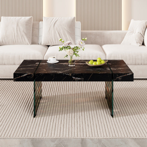 43.3x23.6 Black Marble-Patterned MDF Coffee Table With Tempered Glass Legs.Suitable For Living Room.It Can Be Used Not Only As A Coffee Table But Also As A Side Table Or Display Stand.