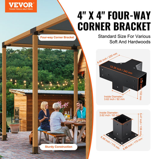VEVOR Pergola Bracket Kit  , 4pcs 4-Way Heavy Duty Corner Bracket Woodworks DIY Post Base Kit, Easy Installation Wooden Beams For Gazebos, Patio Pergolas, Log Cabin Outdoor Pergola Hardware