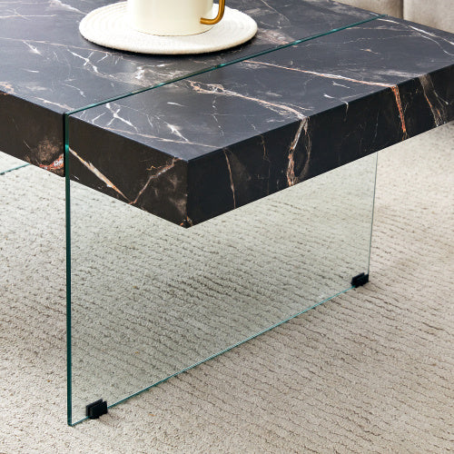 43.3x23.6 Black Marble-Patterned MDF Coffee Table With Tempered Glass Legs.Suitable For Living Room.It Can Be Used Not Only As A Coffee Table But Also As A Side Table Or Display Stand.