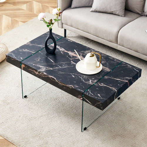 43.3x23.6 Black Marble-Patterned MDF Coffee Table With Tempered Glass Legs.Suitable For Living Room.It Can Be Used Not Only As A Coffee Table But Also As A Side Table Or Display Stand.