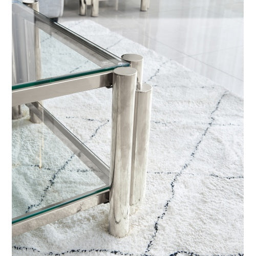 Modern Stainless Steel Coffee Table Set  Set Of 2, Double-Layer Clear Tempered Glass Table Top, Coffee Table  End Side Table 2-Pieces Sets For Living Room Home Office