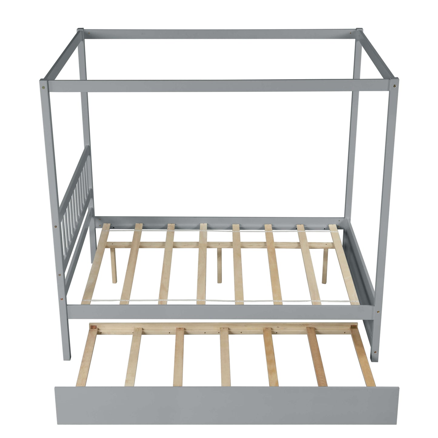 Full Size Canopy Bed With Twin Trundle, Kids Solid Wood Platform Bed Frame With Headboard, No Box Spring Needed Grey Color